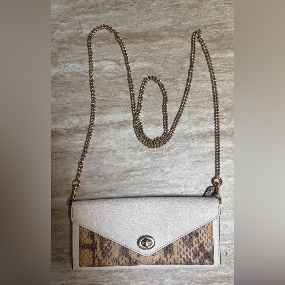 Coach Snakeskin Turnlock Phone Crossbody Wallet Chain Chalk White